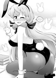 Rule 34 | 1girl, ;d, akashi (kancolle), alternate costume, animal ears, ass, back-seamed legwear, blush, book, book stack, breasts, embarrassed, fake animal ears, fake tail, from side, greyscale, hair ribbon, hairband, high heels, kantai collection, lace, large breasts, leaning forward, leg up, leotard, long hair, looking at viewer, looking to the side, monochrome, nose blush, one eye closed, open mouth, pantyhose, playboy bunny, rabbit ears, rabbit tail, raised eyebrows, revision, ribbon, rui shi (rayze ray), seamed legwear, shiny clothes, shoes, sideboob, smile, solo, speech bubble, spoken blush, standing, standing on one leg, tail, tress ribbon, v, very long hair, wrist cuffs