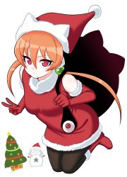 Rule 34 | 1girl, alisa southerncross, animal ears, bag, breasts, cat ears, christmas, closed mouth, commentary, dress, english commentary, eron, hair bobbles, hair ornament, hat, highres, keroro gunsou, long hair, looking at viewer, orange hair, pantyhose, red eyes, simple background, solo, twintails, v, white background