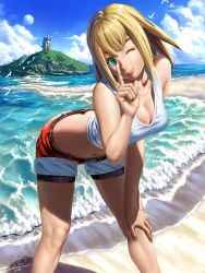Rule 34 | 1girl, 2018, ass, bare arms, bare shoulders, beach, belt, bent over, blonde hair, blouse, breasts, butt crack, capcom, cleavage, cloud, commentary request, dated, downpants, female focus, full moon, green eyes, hand on own knee, head tilt, highres, index finger raised, leaning forward, legs apart, long hair, medium breasts, mega man (series), mega man legends (series), moon, ocean, one eye closed, outdoors, roll caskett (mega man), sakuraba hiro, sand, shirt, short shorts, shorts, signature, sky, sleeveless, sleeveless shirt, smile, solo, standing, summer, water, white shirt