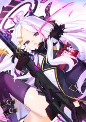 Rule 34 | 1girl, atsumi jun, black gloves, blue archive, gloves, glowing, glowing eyes, gun, halo, hina (blue archive), holding, holding gun, holding weapon, jacket, knee up, long hair, long sleeves, looking at viewer, open mouth, parted lips, purple eyes, purple thighhighs, rifle, solo, thighhighs, weapon, white hair