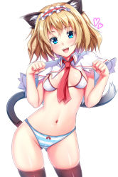 Rule 34 | 1girl, alice margatroid, animal ears, bikini, bikini top only, blonde hair, blue eyes, brown thighhighs, capelet, cat ears, cat tail, ebi 193, hairband, heart, kemonomimi mode, lolita hairband, looking at viewer, no pants, open mouth, panties, paw pose, skindentation, smile, solo, striped clothes, striped panties, swimsuit, tail, thighhighs, touhou, underwear, white bikini
