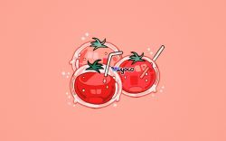 Rule 34 | artist name, drinking straw, juice, liquid, meyoco, no humans, original, pink background, simple background, sparkle, tomato, tomato juice