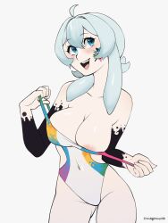 Rule 34 | 1girl, alternate costume, blue eyes, bodypaint, breasts, chumu (teuthidan), cleavage, commission, commissioner upload, condylonucla, grey hair, highres, large breasts, looking at viewer, medium breasts, navel, nipple slip, nipples, one-piece swimsuit, original, paint splatter, paint splatter on face, smile, solo, swimsuit, tentacle hair, undressing