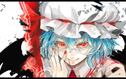 Rule 34 | 1girl, bat wings, blood, blue hair, female focus, frea, hand on own face, hat, letterboxed, portrait, red eyes, remilia scarlet, short hair, smile, solo, touhou, upper body, wings