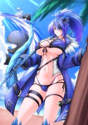 Rule 34 | 1girl, beach, blue coat, blue hair, blue sky, breasts, cloud, coat, commentary request, cowboy shot, day, eyepatch, g (genesis1556), groin, hair between eyes, hair ornament, highres, huge breasts, long hair, navel, ocean, open clothes, open coat, orca, original, outdoors, ponytail, purple eyes, sky, solo, standing, stomach, tail, thigh strap, thighs, water, whale