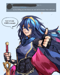 Rule 34 | 1girl, abs, black gloves, blue eyes, blue hair, bodysuit, breasts, cape, english text, falchion (fire emblem), fingerless gloves, fire emblem, fire emblem awakening, gloves, hairband, highres, holding, holding sword, holding weapon, long hair, looking at viewer, lucina (fire emblem), nintendo, open mouth, saiykik, simple background, small breasts, smile, solo, sword, thumbs up, torn clothes, weapon