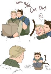 Rule 34 | 2boys, animal ears, bara, biting, black hair, blue shirt, blush, box, brown hair, bulletproof vest, cat boy, cat day, cat ears, cat tail, chris redfield, dated, ear biting, english text, facial hair, ghachi8 8, green shirt, grey pants, highres, looking at another, male focus, multiple boys, muscular, muscular male, pants, piers nivans, resident evil, resident evil 6, scarf, shirt, short hair, simple background, tail, white background, yaoi