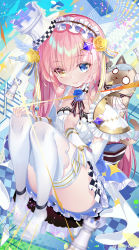 Rule 34 | 1girl, blue eyes, blurry, chess piece, detached sleeves, diffraction spikes, dress, eksistere kyrenia, frills, girl cafe gun, hair ornament, headdress, heterochromia, highres, kikimi, knees up, long hair, looking at viewer, no shoes, pink hair, smile, solo, stuffed animal, stuffed cat, stuffed toy, thighhighs, tilted headwear, white dress, white thighhighs, yellow eyes