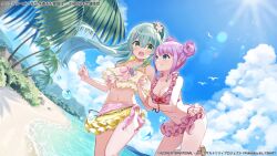Rule 34 | 2girls, aqua hair, assault lily, bare arms, bare legs, bare shoulders, beach, bikini, bikini skirt, bird, blue eyes, blue sky, blush, bow, bow bikini, breasts, bush, cleavage, cloud, commentary request, cumulonimbus cloud, day, double bun, dutch angle, flower, front-tie bikini top, front-tie top, green eyes, grin, hair between eyes, hair bun, hair flower, hair ornament, halterneck, hand on another&#039;s arm, hands up, high ponytail, highres, leaning forward, leg up, lens flare, long hair, looking at another, looking to the side, matsuzaki miyuki, medium breasts, multiple girls, navel, ocean, off-shoulder bikini, off shoulder, official alternate costume, official alternate hairstyle, official art, open mouth, outdoors, palm tree, parted lips, pink bikini, pink bow, pink flower, pink hair, ponytail, sadamori himeka, sandals, seagull, short hair, sidelocks, sideways glance, sky, smile, standing, standing on one leg, stomach, sunlight, swimsuit, toki kureha, tree, water drop, yellow bikini