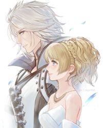 Rule 34 | 1boy, 1girl, bare shoulders, blonde hair, blue eyes, braid, breasts, brother and sister, coat, detached sleeves, dress, falling petals, final fantasy, final fantasy xv, grey eyes, grey hair, high collar, jewelry, long hair, looking at another, lunafreya nox fleuret, medium breasts, medium hair, necklace, open collar, parted bangs, parted lips, petals, ponytail, profile, ravus nox fleuret, regan (hatsumi), siblings, smile, strapless, strapless dress, upper body, white background, white coat, white dress