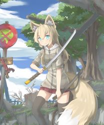 Rule 34 | 1girl, absurdres, animal ear fluff, animal ears, aqua eyes, black thighhighs, blonde hair, blue sky, closed mouth, cloud, cloudy sky, commentary request, day, feet out of frame, fox ears, fox girl, fox tail, grey card, hair between eyes, hair over shoulder, highres, hinbackc, holding, holding sheath, holding sword, holding weapon, katana, landscape, long hair, miniskirt, original, outdoors, pleated skirt, red skirt, road sign, scenery, sheath, short sleeves, sidelocks, sign, skirt, sky, slime (creature), solo, standing, sword, tail, thighhighs, tree, weapon, zettai ryouiki