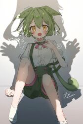 Rule 34 | 2girls, blush, chibirisu, commentary request, green hair, green shorts, green suspenders, hair between eyes, hand up, highres, kasukabe tsumugi, long hair, looking ahead, multiple girls, one side up, open mouth, puffy short sleeves, puffy sleeves, shadow, shirt, short sleeves, shorts, sitting, socks, tearing up, translation request, trembling, twitter username, voicevox, white shirt, yellow eyes, zundamon