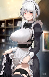 Rule 34 | 1girl, blurry, blurry background, bow, bowtie, breasts, clothes lift, covered erect nipples, cowboy shot, dress, framed breasts, frilled dress, frills, from side, grey hair, harness, highres, indoors, karinto yamada, large breasts, bridal garter, lens flare, long sleeves, looking at viewer, maid, maid headdress, open mouth, original, puffy sleeves, red eyes, short hair, sidelocks, skirt, skirt lift, smile, solo, thighhighs, tight top, zettai ryouiki