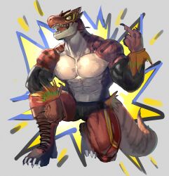 Rule 34 | 1boy, abs, bara, black shorts, detached sleeves, dinosaur boy, dinosaur tail, full body, furry, furry male, highres, large pectorals, long sleeves, looking at viewer, male focus, mature male, middle finger, muscular, muscular male, navel, neumo, no nipples, original, pectorals, sharp teeth, short hair, short shorts, shorts, solo, stomach, strongman waist, tail, teeth, thick eyebrows, topless male, unfinished, wrestler, wrestling outfit