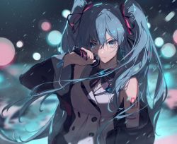 Rule 34 | 1girl, aqua eyes, aqua hair, arm tattoo, black bow, black jacket, bow, buttons, character name, commentary, frown, hair bow, hatsune miku, highres, holding, holding microphone, jacket, kodamazon, looking at viewer, microphone, open clothes, open jacket, rain, shirt, solo, tattoo, twintails, upper body, v-shaped eyebrows, vocaloid, white shirt