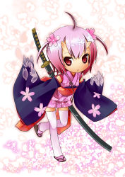 Rule 34 | 1girl, ahoge, cherry blossoms, highres, hinomoto oniko, japanese clothes, kimono, kohinomoto, ninja, oni, original, shiro karasu (hakua), solo, sword, thighhighs, weapon