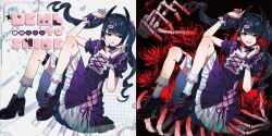 Rule 34 | 1girl, akiakane, album cover, black footwear, black hair, blood, blood splatter, blunt bangs, character name, comiket 102, cover, curly hair, demon horns, denonbu, dress, earrings, fake horns, flask, flower, frilled socks, frills, full body, hair ornament, hair ribbon, heart, heart earrings, highres, holding, holding flask, holding flower, horns, jewelry, jirai kei, long hair, looking at viewer, multiple views, o-ring, o-ring thigh strap, official art, open mouth, parted lips, pink ribbon, platform footwear, puffy short sleeves, puffy sleeves, purple dress, red eyes, red flower, reml, ribbon, second-party source, shoes, short sleeves, skeletal arm, smile, socks, solo, spider lily, thigh strap, twintails, variations, white socks, wrist cuffs, x hair ornament