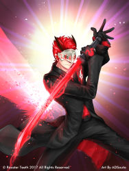 Rule 34 | 1boy, adam taurus, adsouto, black gloves, black jacket, black pants, energy, frown, gloves, glowing, glowing sword, glowing weapon, highres, holding, holding sword, holding weapon, horns, jacket, katana, male focus, official art, pants, red eyes, red hair, red shirt, rwby, shirt, spiked hair, sword, weapon, wilt and blush