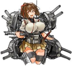 Rule 34 | 10s, 1girl, alternate breast size, blush, bouncing breasts, breasts, brown eyes, brown hair, cowboy shot, gigantic breasts, hair ornament, hair ribbon, high ponytail, ise (kancolle), japanese clothes, kantai collection, katana, looking to the side, machinery, open mouth, perky breasts, pleated skirt, ponytail, ribbon, sachito, simple background, skin tight, skirt, smile, solo, sword, thick thighs, thighs, weapon, white background