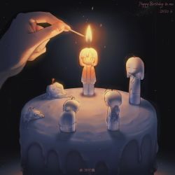 Rule 34 | 1other, age progression, artist name, birthday cake, cake, candle, commentary, dark, dated, english commentary, english text, fire, food, happy birthday, highres, holding, holding matchstick, light particles, matches, melting, original, out of frame, pov, pov hands, skye wei, solo, symbolism