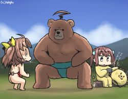 Rule 34 | 2girls, ahoge, animal costume, animalization, apron, asagumo (kancolle), bear, blue sky, brown hair, cellphone, chinese clothes, cloud, commentary, cosplay, costume, dated, day, dudou, fundoshi, hair ribbon, hamu koutarou, japanese clothes, kagerou (kancolle), kantai collection, kintarou, kintarou (cosplay), kuma (kancolle), lion costume, mountain, multiple girls, naked apron, phone, ribbon, grey eyes, sky, smartphone, solid oval eyes, sweat, translated, turn pale, twintails