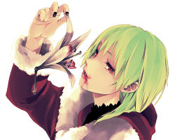 Rule 34 | androgynous, bad id, bad pixiv id, blood, coat, eyelashes, face, flower, fur coat, gender request, green hair, holding, lily (flower), looking at viewer, nail polish, original, red eyes, saki (pixiv303252), short hair, solo