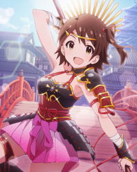 Rule 34 | 10s, 1girl, :d, arm up, armor, armpits, artist request, bandages, brown eyes, brown hair, hair ornament, hairclip, headband, idolmaster, idolmaster million live!, japanese clothes, jewelry, kasuga mirai, looking at viewer, official art, one side up, open mouth, skirt, smile, thighlet, weapon, wrist wrap