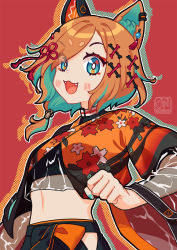 Rule 34 | 1girl, animal ears, aqua nails, cipichama, colored inner hair, dog ears, dog girl, earrings, fangs, hair ornament, highres, hip vent, japanese clothes, jewelry, midriff, miyoshino shiki, multicolored hair, nail polish, one eye covered, orange hair, power symbol, prism project, prosthetic ear, see-through, see-through sleeves, solo, two-tone hair, virtual youtuber