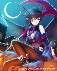 Rule 34 | 1girl, bat wings, black hair, black pantyhose, bow, breasts, brick wall, cleavage, clock, clock tower, copyright name, crescent moon, cross, detached sleeves, earrings, head wings, jewelry, looking at viewer, moon, outdoors, pantyhose, pointy ears, scythe, seikon no arcana, sitting, skull, smile, solo, tower, watermark, wings, yangsion, yellow eyes