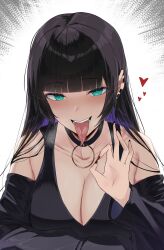Rule 34 | 1girl, absurdres, aqua eyes, arm rest, black choker, black dress, black hair, black nails, blush, bocchi the rock!, breasts, choker, cleavage, collarbone, colored inner hair, dress, duplicate, ear piercing, fellatio gesture, forked tongue, heart, highres, hime cut, large breasts, long hair, looking at viewer, micchan (micchanmeido), multicolored hair, open mouth, pa-san, piercing, saliva, sexually suggestive, solo, straight hair, tongue, tongue out, upper body
