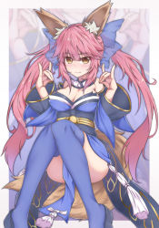 Rule 34 | 10s, 1girl, absurdres, animal ears, black footwear, blue bow, blue kimono, blue thighhighs, blush, bow, breasts, brown eyes, cleavage, closed mouth, commentary request, detached sleeves, fang, fang out, fate/extra, fate (series), fox ears, fox girl, fox shadow puppet, fox tail, hair between eyes, hair bow, hands up, highres, japanese clothes, kimono, large breasts, long hair, long sleeves, looking at viewer, obi, pelvic curtain, pink hair, platform footwear, sash, sidelocks, smile, solo, strapless, tail, tamamo (fate), tamamo no mae (fate/extra), thighhighs, twintails, very long hair, wide sleeves, zongren, zoom layer