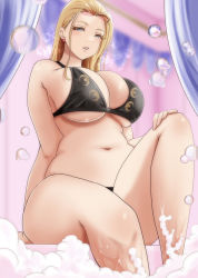 Rule 34 | 1girl, alternate costume, bath, bathtub, bikini, black bikini, blonde hair, blue eyes, blurry, blurry background, blush, breasts, bubble, bubble bath, cleavage, commentary, curtains, curvy, earrings, eyelashes, eyewear on head, feet out of frame, forehead, hair pulled back, hand on own knee, indoors, jewelry, kalifa (one piece), knee up, large breasts, lips, long hair, looking at viewer, moriton, navel, one piece, parted bangs, parted lips, plump, red-tinted eyewear, sitting, solo, stomach, swimsuit, thighs, tinted eyewear
