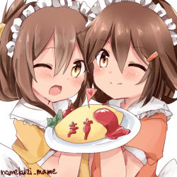 Rule 34 | 10s, 2girls, absurdres, alternate costume, artist name, brown eyes, brown hair, fang, folded ponytail, food, hair between eyes, hair ornament, hairclip, highres, holding, holding plate, ikazuchi (kancolle), inazuma (kancolle), kantai collection, looking at viewer, maid, maid headdress, multiple girls, namekuji (namekuzu), omelet, omurice, one eye closed, open mouth, plate, short hair, smile