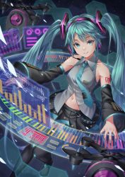 Rule 34 | 1girl, absurdres, aqua eyes, aqua hair, aqua necktie, bare shoulders, black footwear, black skirt, black thighhighs, boots, commentary, detached sleeves, full body, grey shirt, hatsune miku, headgear, headphones, headset, highres, holographic interface, huge filesize, long hair, looking at viewer, miniskirt, navel, necktie, noro assumed, parted lips, pleated skirt, shirt, skirt, sleeveless, sleeveless shirt, smile, solo, thigh boots, thighhighs, tie clip, twintails, very long hair, vocaloid
