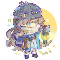 Rule 34 | 1girl, artist name, belt, blue coat, blue eyes, blue neckerchief, box, brown belt, brown footwear, brown gloves, brown hair, cabbie hat, chibi, coat, covered mouth, dated, dress, fire, fish hat ornament, frog hair ornament, full body, gloves, grey hat, hair ornament, hat, highres, holding, holding box, holding lantern, lantern, long dress, long hair, long sleeves, marcus (reverse:1999), neckerchief, reverse:1999, scarf, scarf over mouth, signature, solo, very long hair, white background, white dress, white scarf, yuli yuri