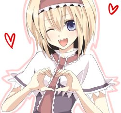 Rule 34 | 1girl, alice margatroid, artist request, blonde hair, blue eyes, female focus, hairband, heart, heart hands, open mouth, short hair, smile, solo, touhou, white background, wink