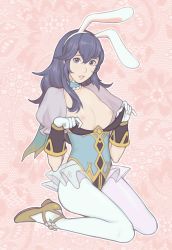 Rule 34 | 1girl, animal ears, bad id, bad pixiv id, blue eyes, blue hair, breasts, breasts out, choker, fake animal ears, fire emblem, fire emblem awakening, fire emblem heroes, frilled choker, frills, gloves, highres, jivke, leotard, lucina (fire emblem), lucina (spring) (fire emblem), nintendo, nipples, official alternate costume, pantyhose, playboy bunny, puffy short sleeves, puffy sleeves, rabbit ears, seiza, short sleeves, sitting, small breasts, solo, symbol-shaped pupils, white gloves, white pantyhose