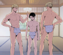 Rule 34 | 3boys, ass, erwin smith, levi (shingeki no kyojin), looking at viewer, male focus, multiple boys, muscular, saba same, shingeki no kyojin, topless male, underwear