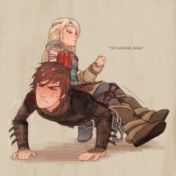 Rule 34 | 1boy, 1girl, armor, astrid hofferson, blonde hair, blue shirt, boots, brown footwear, brown hair, circlet, closed eyes, english text, exercise, fur boots, grey background, grey pants, hiccup horrendous haddock iii, how to train your dragon, knee pads, leather armor, long hair, pants, pauldrons, push-ups, seoyeon, shirt, short hair, shoulder armor, sitting, sitting on person, skirt, sleeveless, sleeveless shirt, sweat, trembling