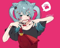 Rule 34 | 1girl, animal (vocaloid), animal hair ornament, bandaid, bandaid on arm, black shirt, blue eyes, blue hair, choker, commentary, cone hair bun, drooling, fake nails, fangs, hair bun, hair ears, hatsune miku, heart, heart choker, heart o-ring, looking at viewer, medium hair, multicolored nails, open mouth, overalls, paw print, pink background, pinponpo, red overalls, shirt, short sleeves, skin fangs, solo, spoken paw, upper body, vocaloid