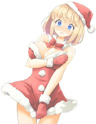 Rule 34 | 1girl, alice margatroid, arnest, blonde hair, blue eyes, blush, breasts, closed mouth, cowboy shot, detached collar, gloves, hat, highres, large breasts, pom pom (clothes), red gloves, red hat, santa costume, santa hat, short hair, simple background, solo, touhou, white background