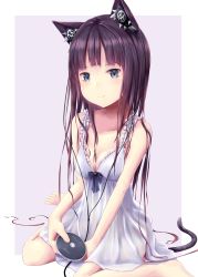 Rule 34 | 1girl, absurdres, animal ears, barefoot, blush, breasts, brown hair, cat ears, cat tail, cd, cleavage, closed mouth, collarbone, earbuds, earphones, grey eyes, highres, looking at viewer, medium breasts, misaki miso, original, sitting, smile, solo, tail, wariza