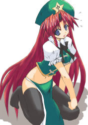 Rule 34 | 1girl, blue eyes, blush, breasts, embodiment of scarlet devil, female focus, hong meiling, large breasts, long hair, midriff, pelvic curtain, red hair, solo, thighhighs, touhou, very long hair