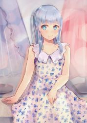 Rule 34 | 1girl, alternate costume, bad id, bad twitter id, blue eyes, blue hair, blunt bangs, commentary request, dress, floral print, hatsukaze (kancolle), kantai collection, looking at viewer, miyako (rgrayt), sitting, sleeveless, sleeveless dress, solo, white dress