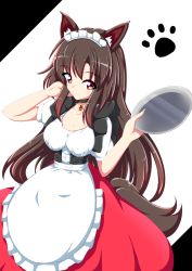 Rule 34 | 1girl, animal ears, apron, breasts, brown hair, cleavage, collarbone, dress, fingernails, hand in own hair, imaizumi kagerou, jewelry, kagayama hajime, large breasts, long fingernails, long hair, looking at viewer, maid, maid apron, maid headdress, necklace, red eyes, solo, tail, touhou, wolf ears, wolf tail
