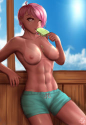 Rule 34 | 1girl, abs, absurdres, ahoge, aqua male swimwear, aqua swim trunks, bikini tan, blue sky, blurry, blurry background, breasts, cloud, cloudy sky, cowboy shot, dark-skinned female, dark skin, day, drawstring, female focus, fluffydus, food, highres, large breasts, looking to the side, male swimwear, male swimwear challenge, nipples, open mouth, outdoors, pink eyes, pink hair, popsicle, short hair, sky, solo, sun, swim trunks, swimsuit, tan, tanline, teeth, thighs, tongue, tongue out, topless, yuna (fluffydus)