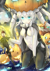 Rule 34 | 10s, 1girl, abyssal ship, aqua eyes, bad id, bad pixiv id, basket, between legs, black gloves, bodysuit, breasts, cane, covered navel, enemy aircraft (kancolle), gloves, glowing, glowing eyes, halloween, hand between legs, headgear, highres, jack-o&#039;-lantern, kantai collection, kneeling, lantern, long hair, pale skin, short hair, silver hair, solo, staff, tailam, tentacles, wo-class aircraft carrier