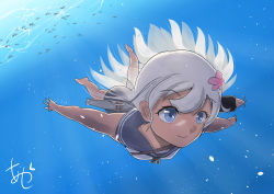 Rule 34 | 1girl, air bubble, akashieru, blue one-piece swimsuit, bracelet, bubble, covered navel, crop top, day, fish, flower, freediving, hair flower, hair ornament, highres, holding breath, jewelry, kantai collection, light rays, ocean, old school swimsuit, one-piece swimsuit, outdoors, reflection, ro-500 (kancolle), sailor collar, school swimsuit, signature, submerged, swimming, swimsuit, swimsuit under clothes, torpedo, underwater, water