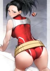 Rule 34 | 1girl, absurdres, all fours, ass, ass focus, asymmetrical bangs, belt, black eyes, black hair, blush, boku no hero academia, breasts, feet out of frame, from behind, furrowed brow, hair pulled back, highres, leotard, lips, looking at viewer, looking back, matryoshka doll, medium breasts, medium hair, parted lips, ponytail, red leotard, skin tight, sleeveless, solo, yaoyorozu momo, yoshio (55level)