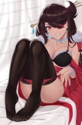 Rule 34 | 1girl, absurdres, beidou (genshin impact), black bra, black thighhighs, bra, breasts, brown hair, choker, cleavage, collarbone, commentary request, curtains, dress, earrings, eyepatch, feet, feet together, frilled choker, frills, full body, fur trim, genshin impact, hair ornament, hair over one eye, hairpin, highres, indoors, jewelry, large breasts, looking at viewer, medium hair, micchan (micchanmeido), no shoes, on shoulder, open mouth, panties, panty pull, red dress, red eyes, red panties, slouching, smile, solo, teeth, thighhighs, thighs, toes, underwear, undressing, window, wrist cuffs